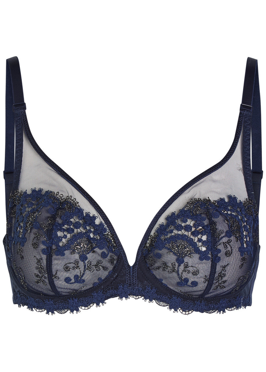 Simone PÉRÈLE Wish Floral-embroidered Tulle Plunge bra Dark Blue