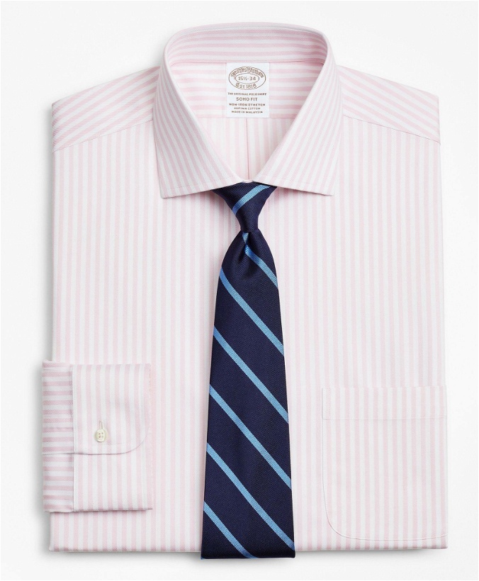 Photo: Brooks Brothers Men's Stretch Soho Extra-Slim-Fit Dress Shirt, Non-Iron Twill English Collar Bold Stripe | Pink