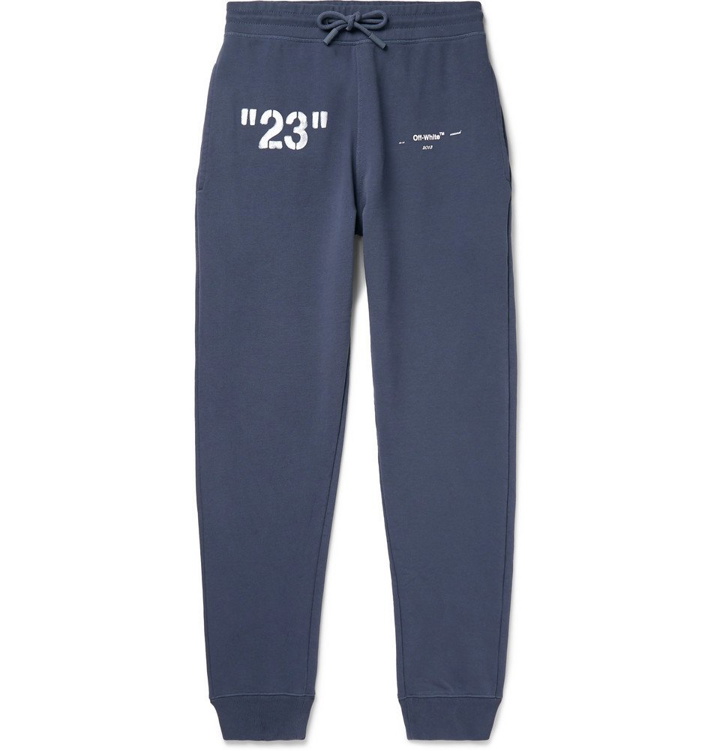 Photo: Off-White - Slim-Fit Logo-Print Loopback Cotton-Jersey Sweatpants - Men - Blue