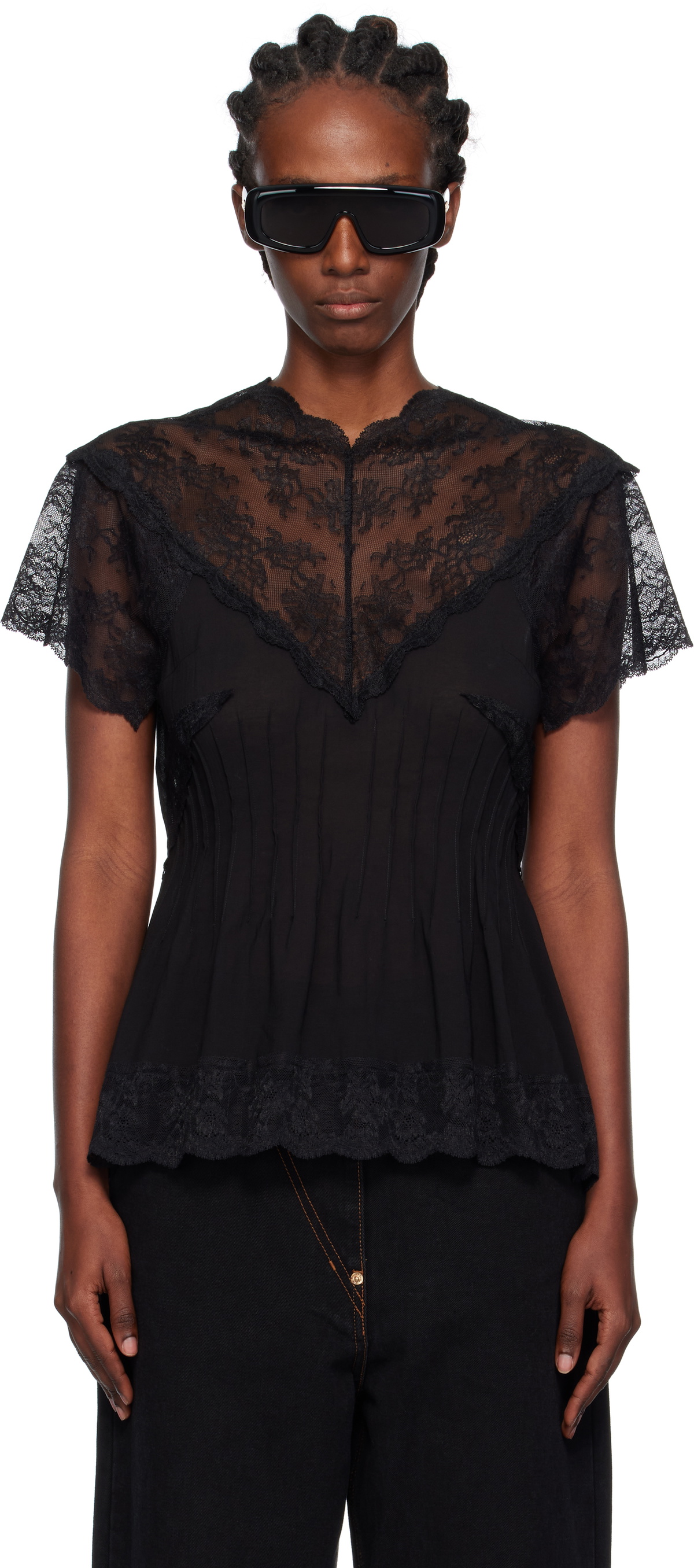 Pushbutton Black Lace Trim Darted Top