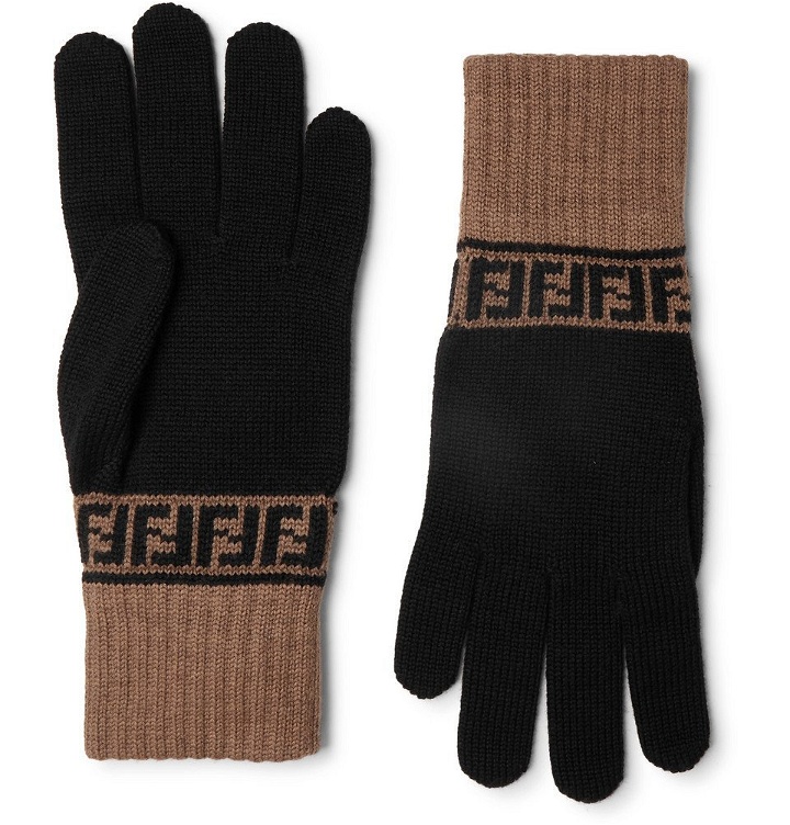 Photo: Fendi - Logo-Intarsia Colour-Block Wool Gloves - Black