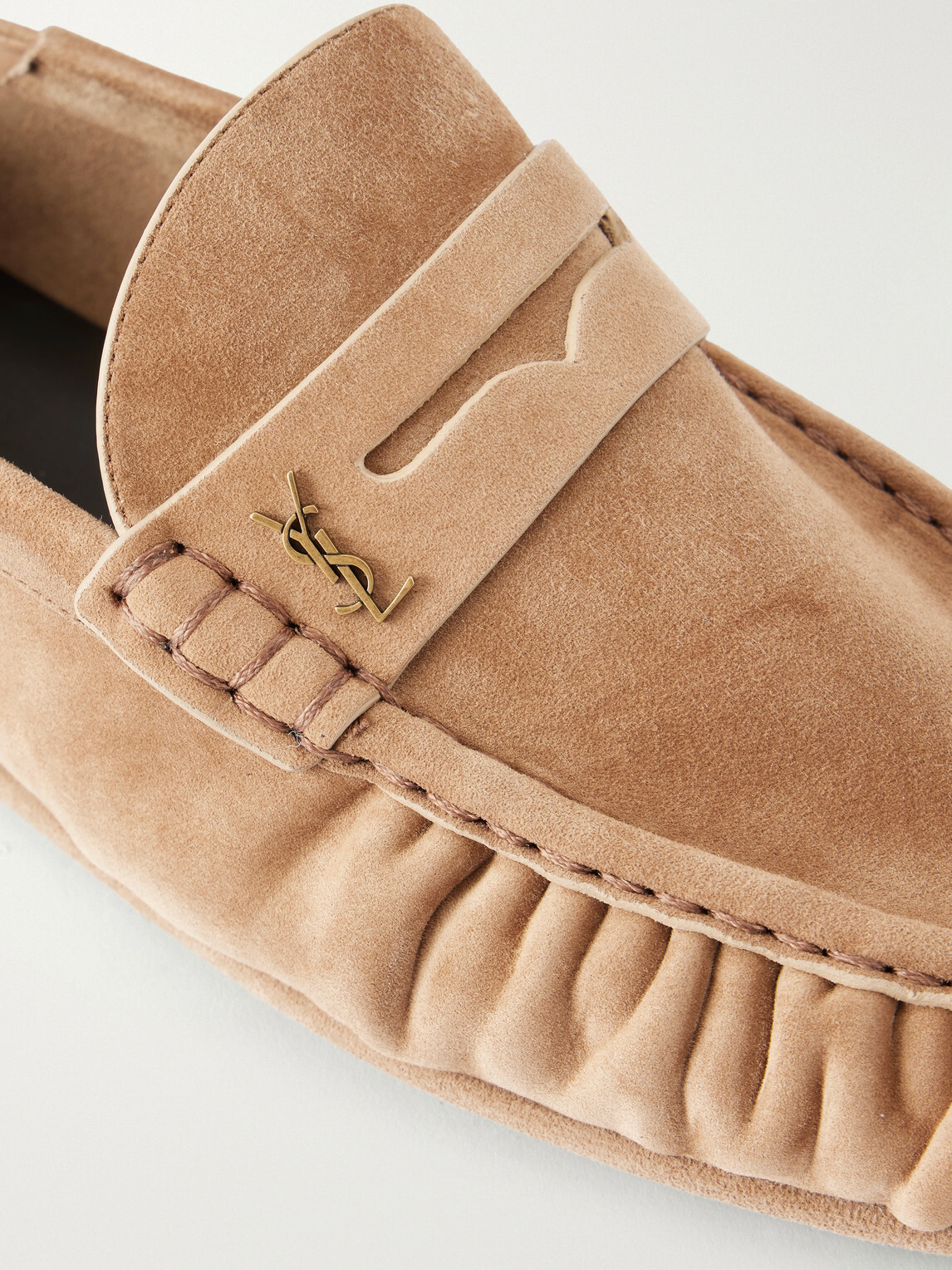SAINT LAURENT - Le Loafer Monogram Logo-Appliquéd Suede Penny Loafers - Neutrals