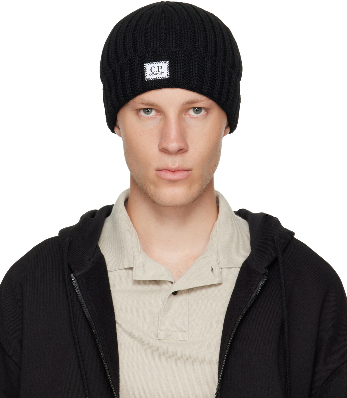 C.P. Company Black Extrafine Merino Wool Logo Beanie