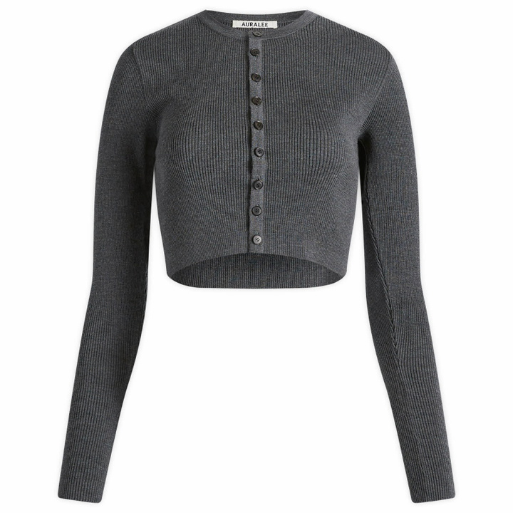 Photo: Auralee Women's Wool Rib Short Cardigan in Top Charcoal