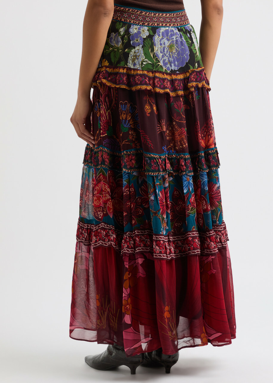 Farm Rio Ruffled Floral-print Chiffon Maxi Skirt Red