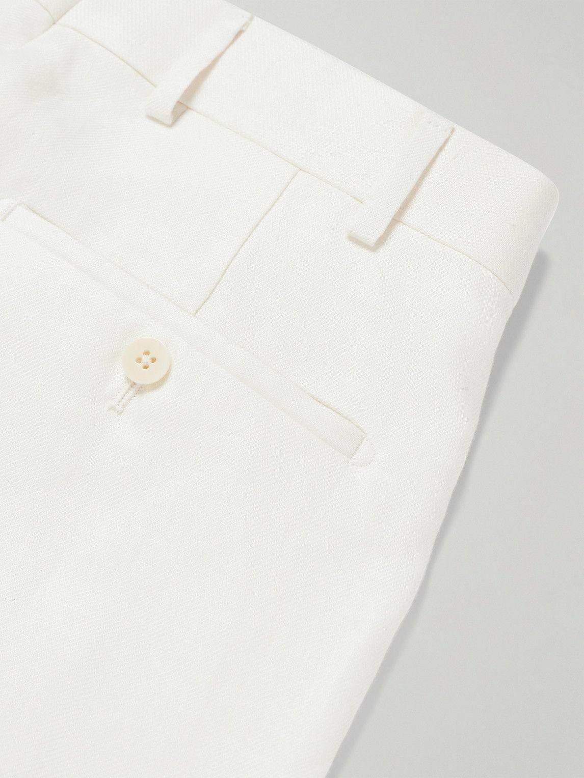 Kingsman - Tapered Pleated Herringbone Linen-Twill Suit Trousers - White