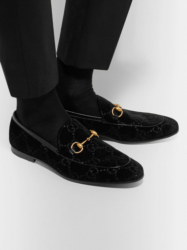 Photo: GUCCI - Jordaan Horsebit Leather-Trimmed Logo-Embroidered Velvet Loafers - Black