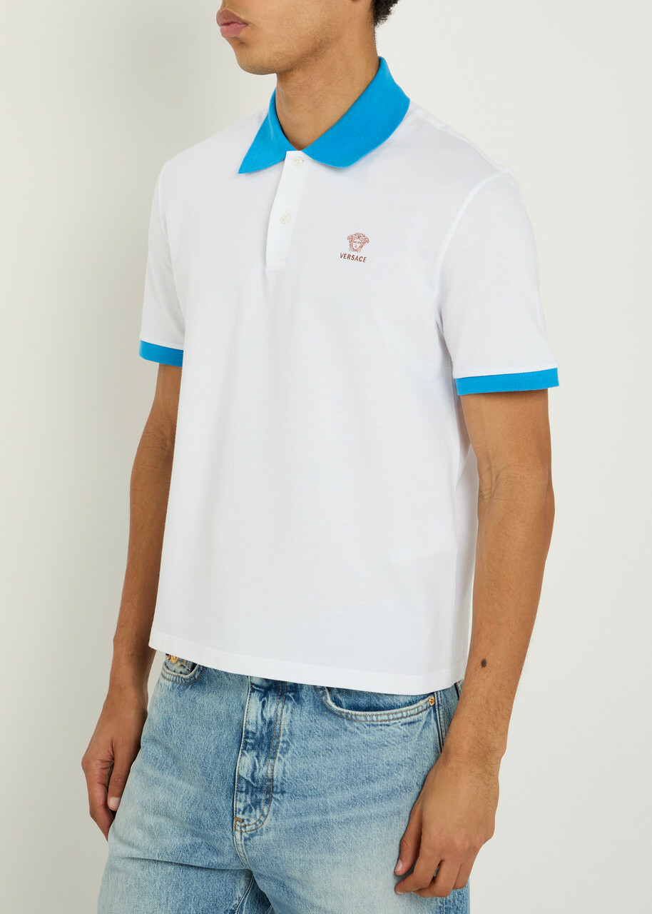 Versace Logo-embroidered Piqué Cotton Polo Shirt White And Blue