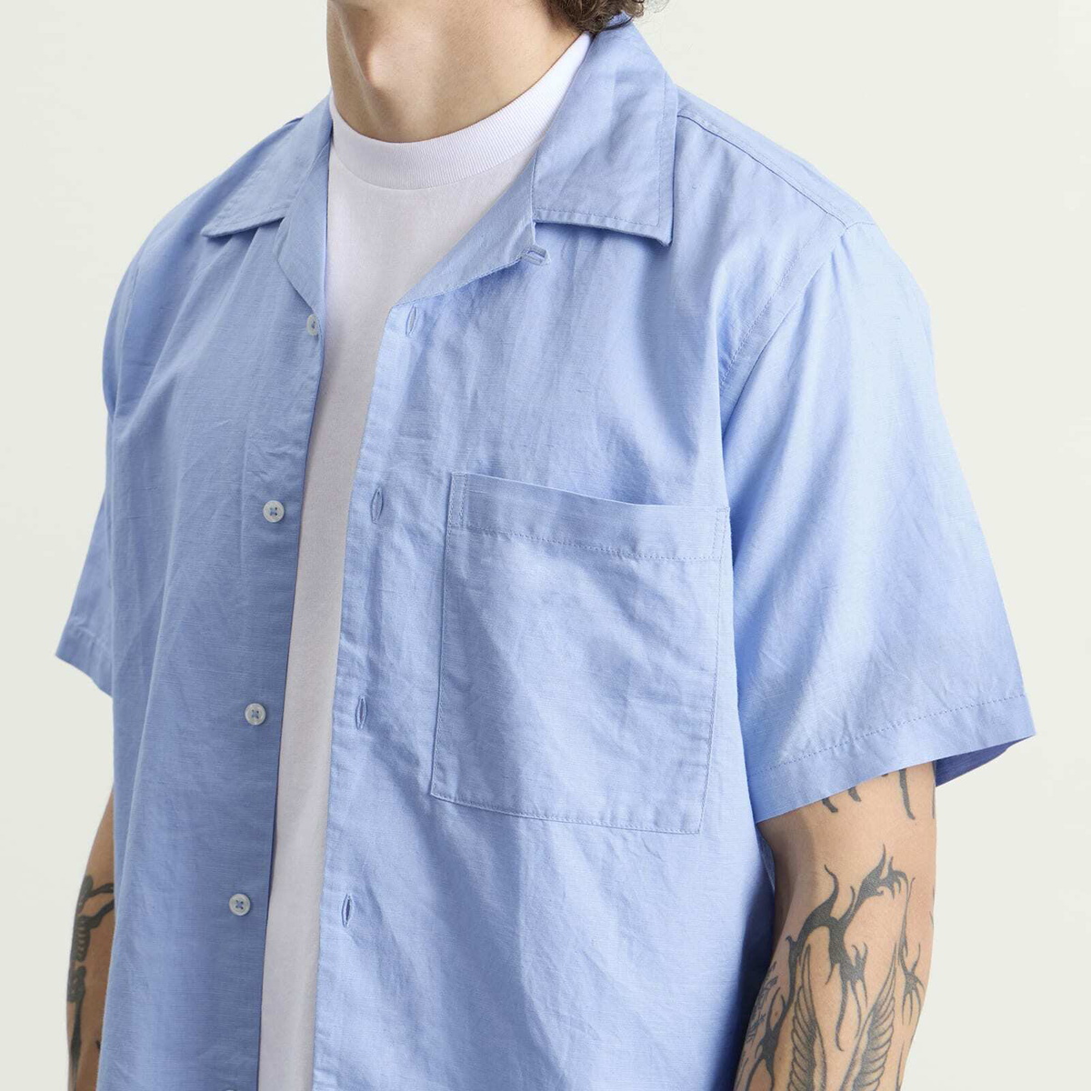 Universal Works Men's Linen Cotton Camp Shirt in Pale Blue