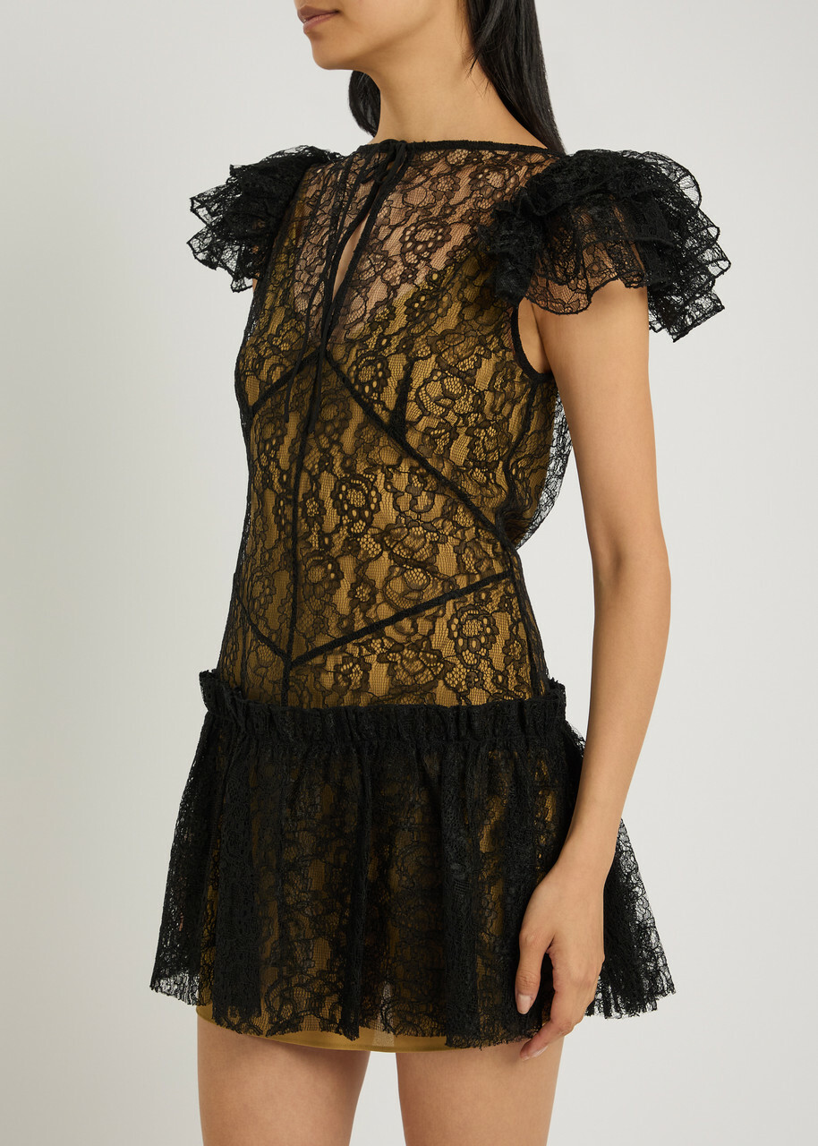 DE LA Vali Nephele Ruffled Lace Mini Dress Black