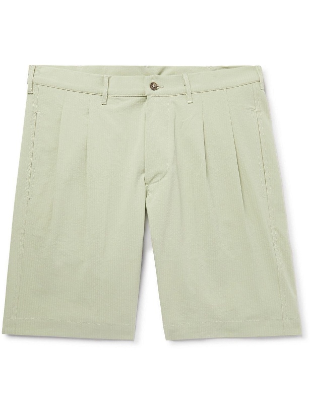 Photo: DOPPIAA - Aaza Straight-Leg Pleated Cotton-Blend Seersucker Bermuda Shorts - Green