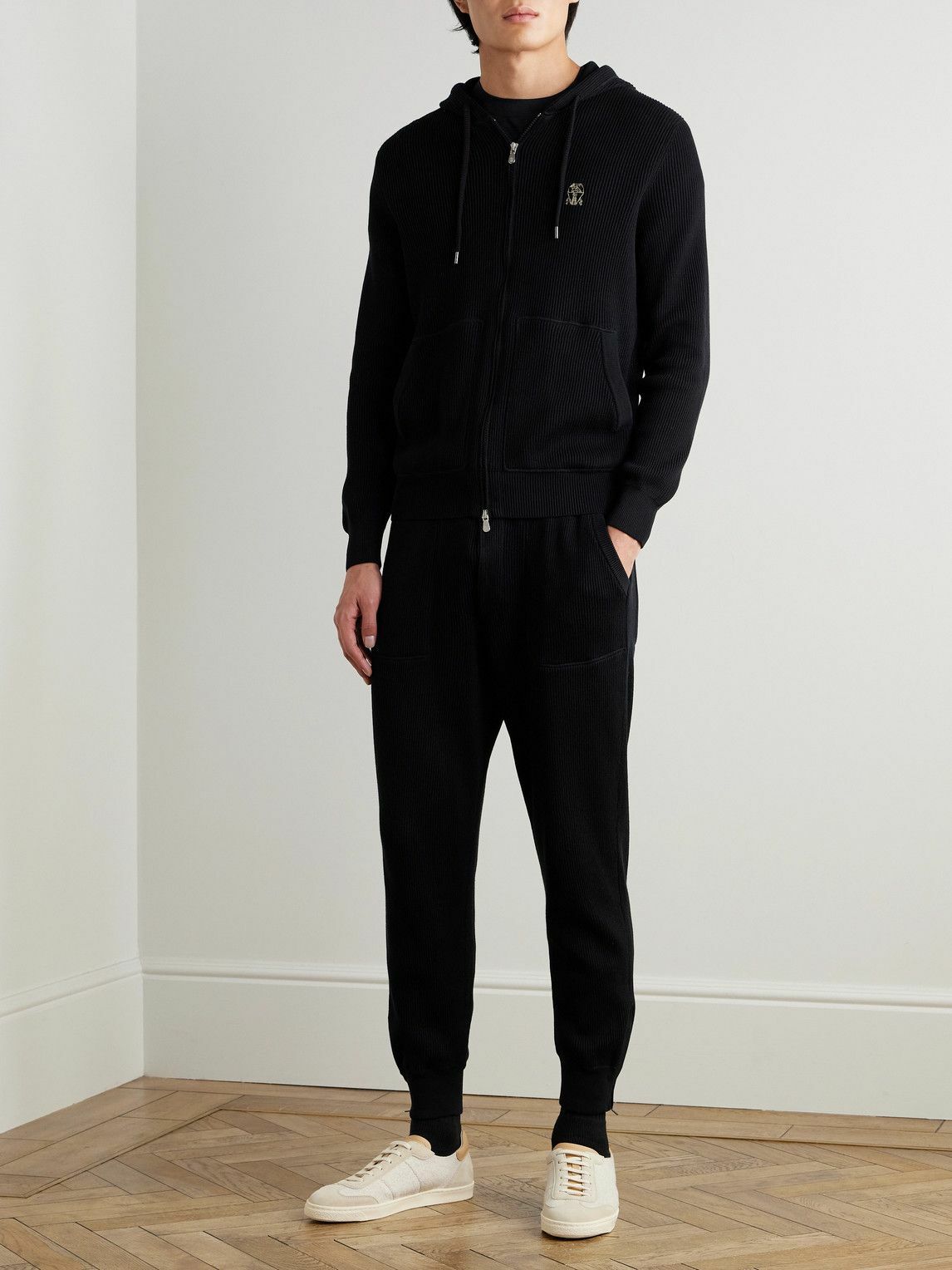 Brunello Cucinelli - Logo-Embroidered Ribbed Cotton Zip-Up Hoodie - Black