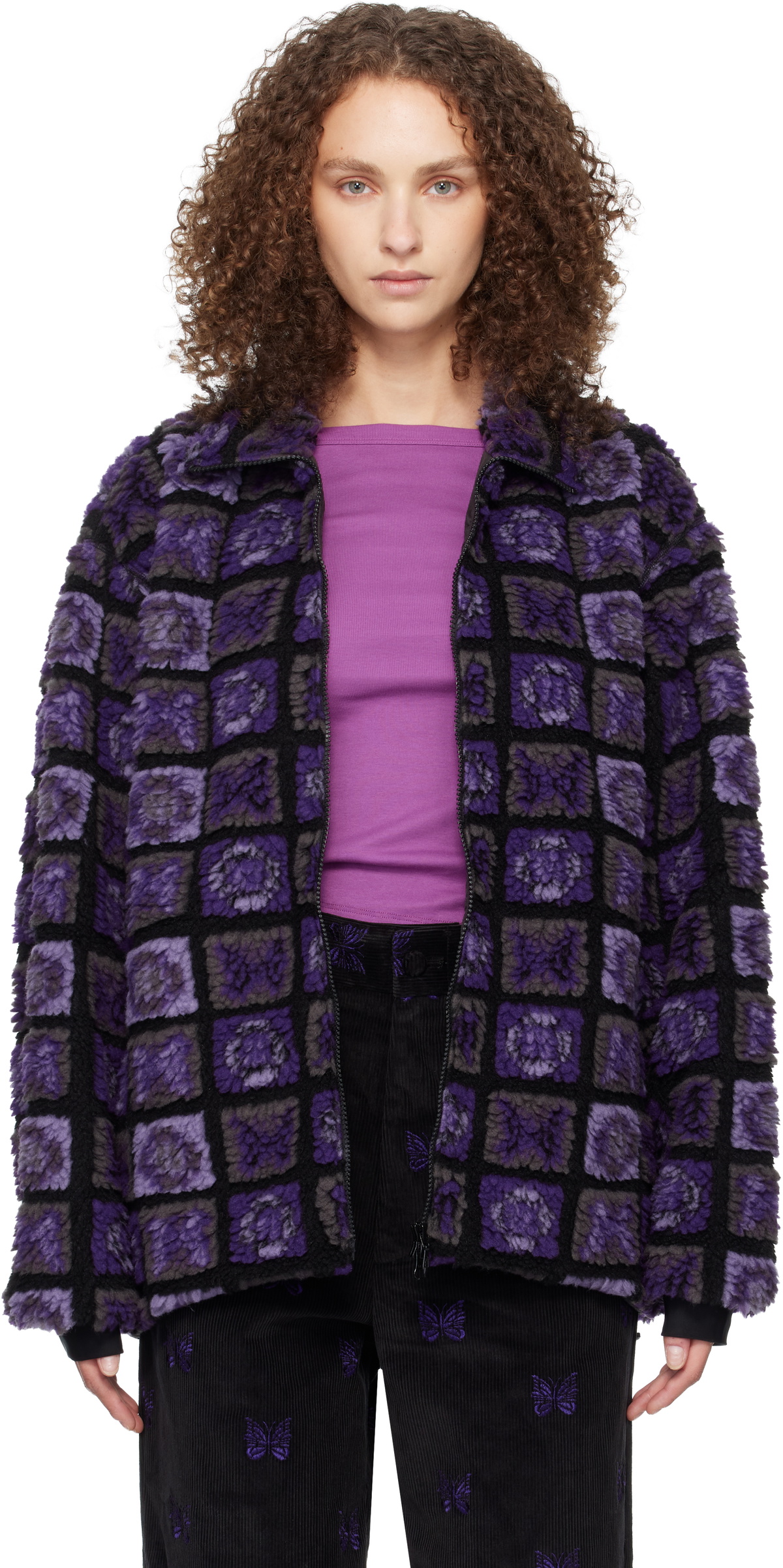 NEEDLES Purple & Black Papillon Plaid Pile Jacket