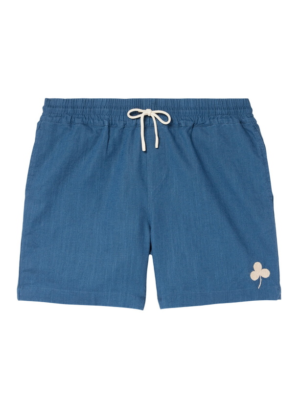 Photo: Portuguese Flannel - Straight-Leg Embroidered Ramie Drawstring Shorts - Blue
