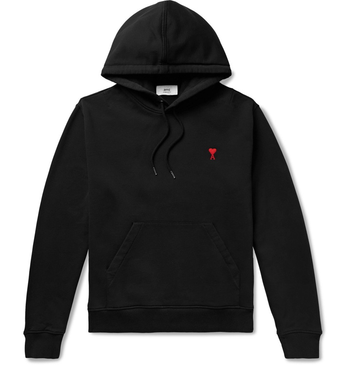 Photo: AMI PARIS - Logo-Embroidered Loopback Cotton-Jersey Hoodie - Black