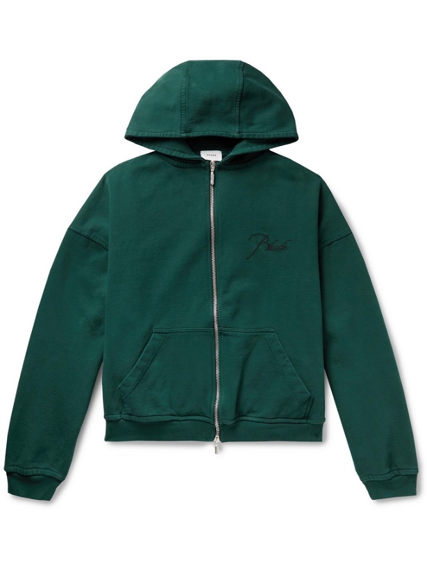Photo: RHUDE - Logo-Embroidered Loopback Cotton-Jersey Zip-Up Hoodie - Green - XL