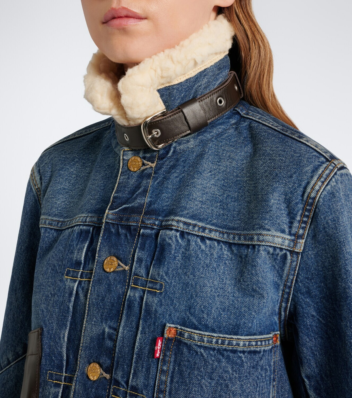 Sacai Leather-trimmed denim jacket