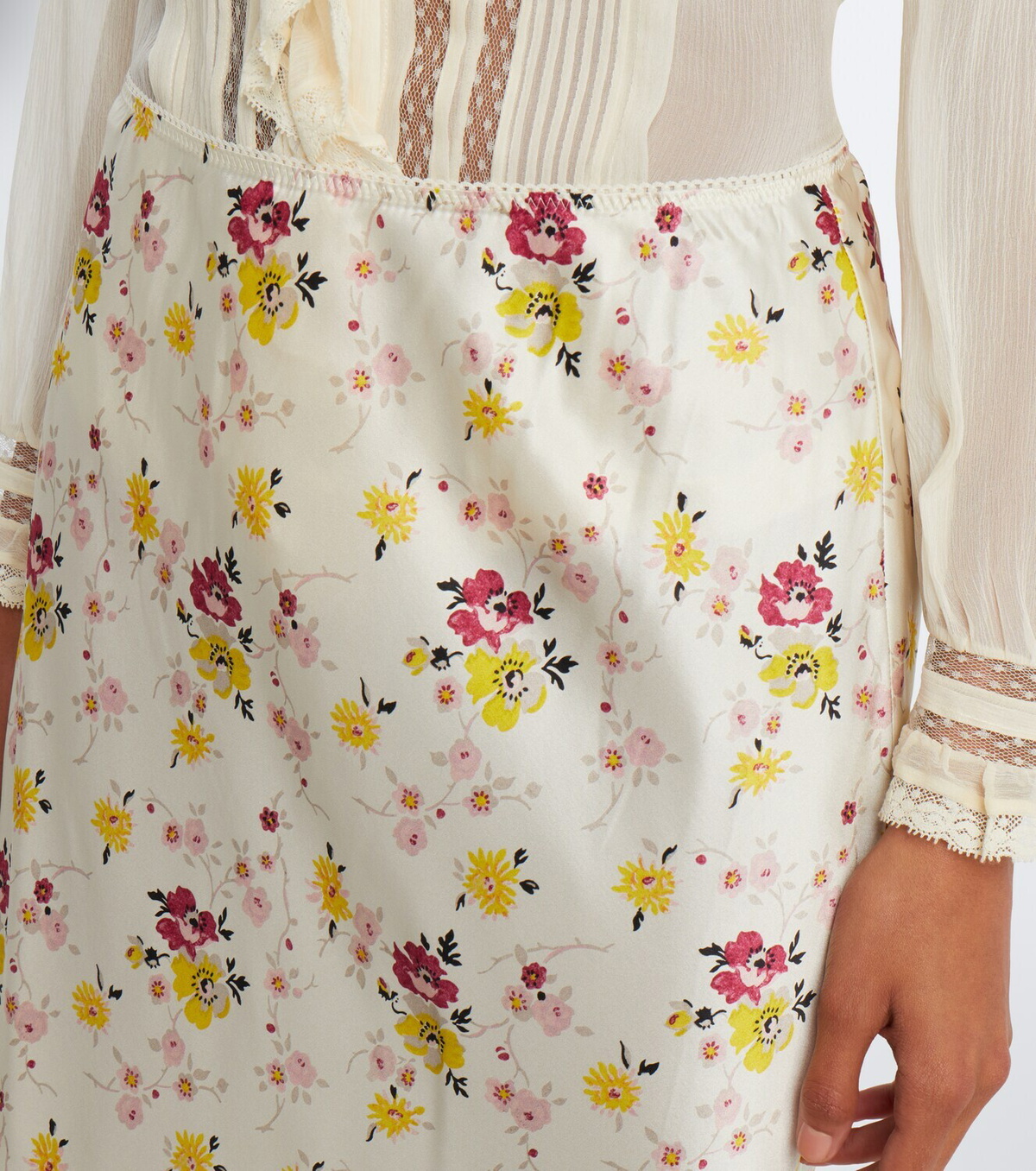 Dôen Elowette lace-trimmed silk satin midi skirt