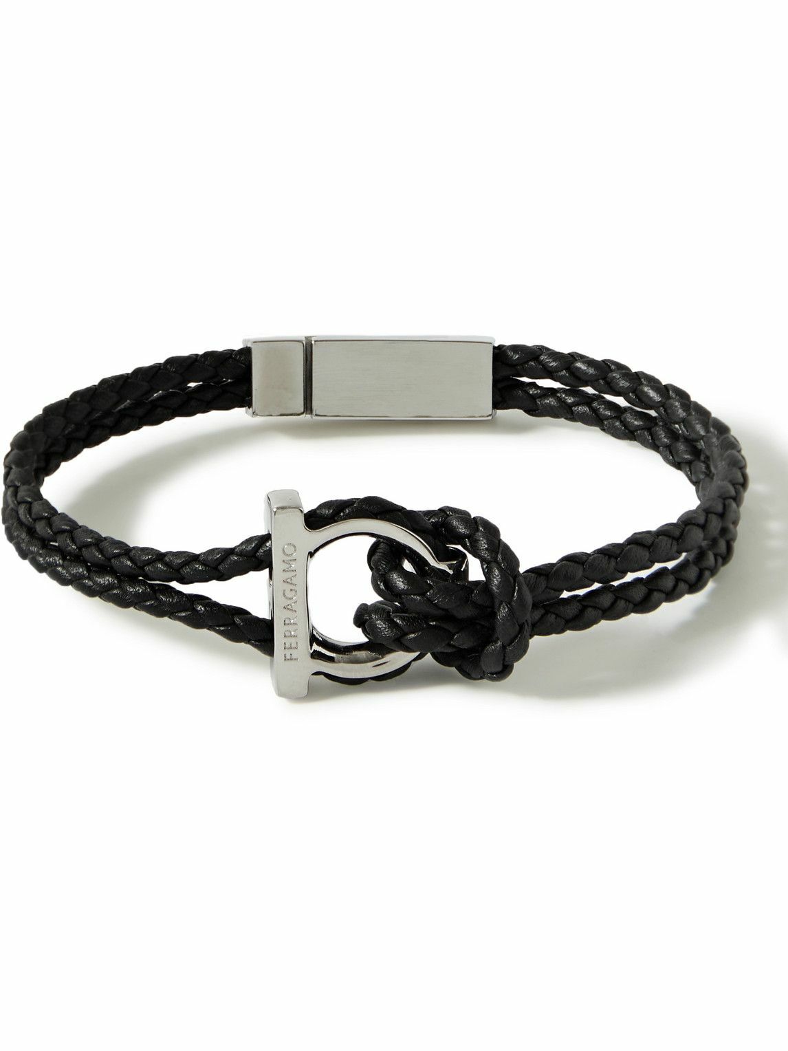 FERRAGAMO Logo Embellished Leather and Silver Tone Bracelet Salvatore Ferragamo