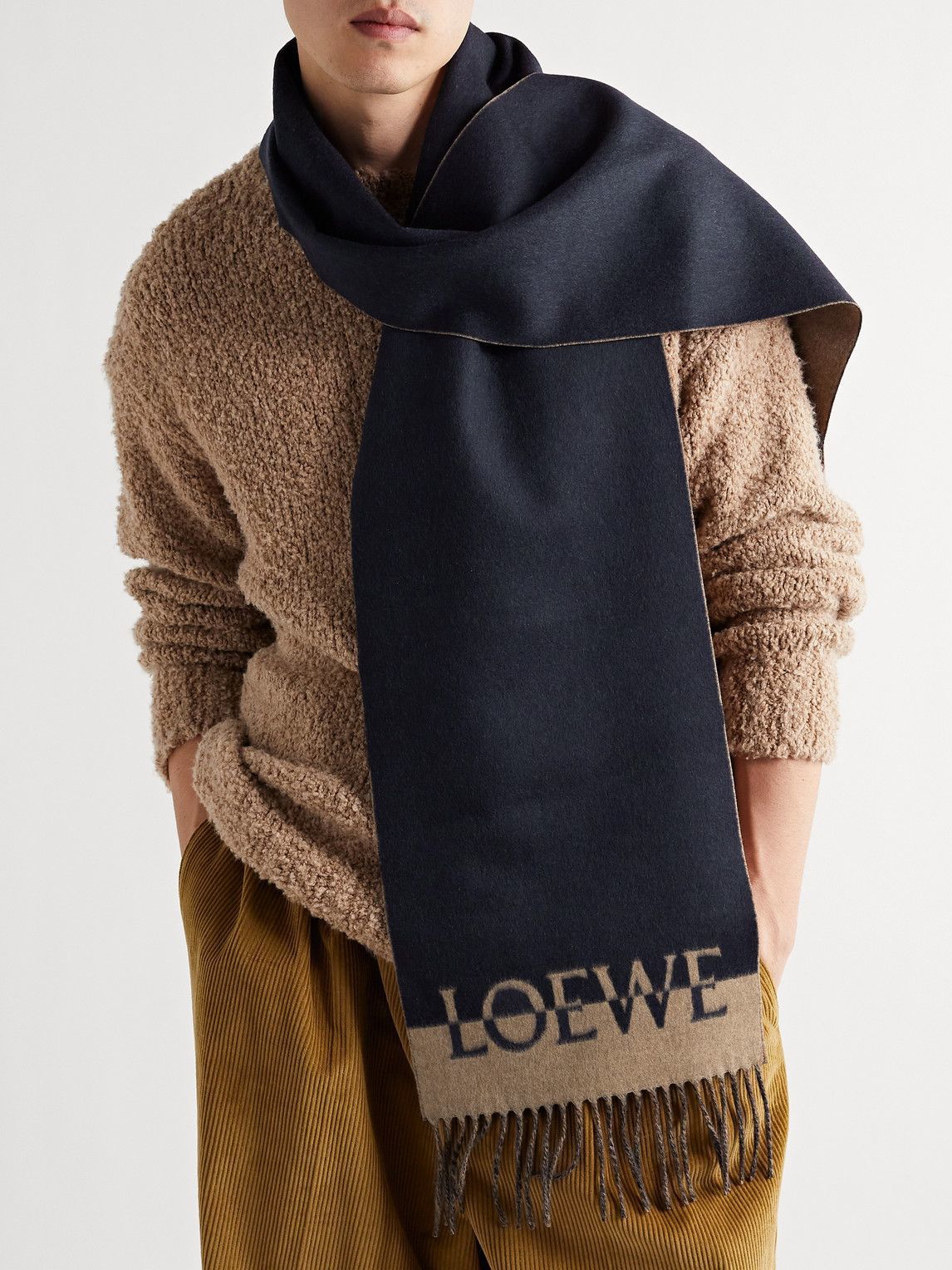 Loewe - Men - logo-embroidered Fringed Wool and Cashmere-Blend Scarf Brown