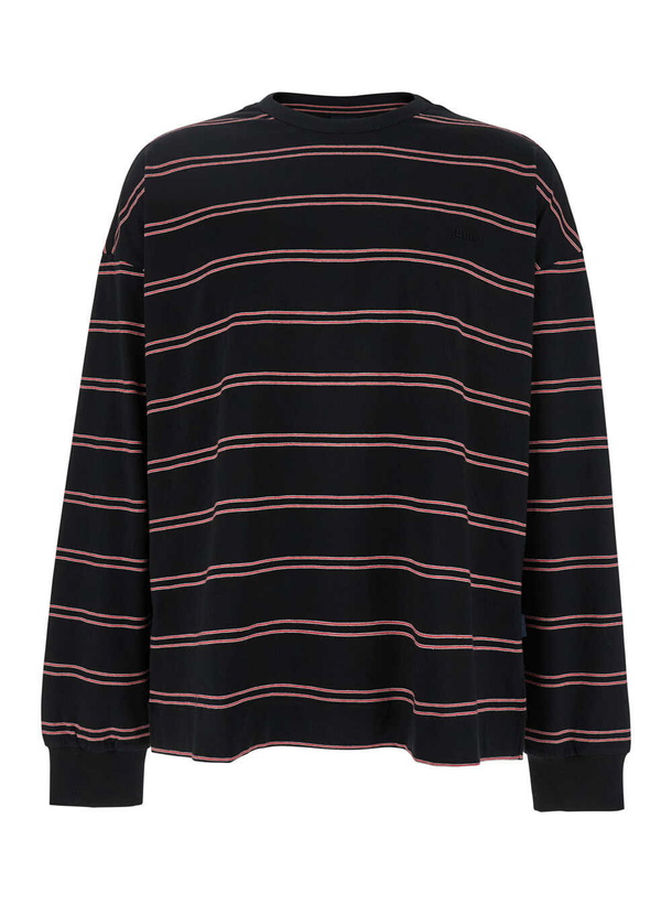 Photo: Juun.J Black Sweater With All-over Striped Motif In Cotton Man