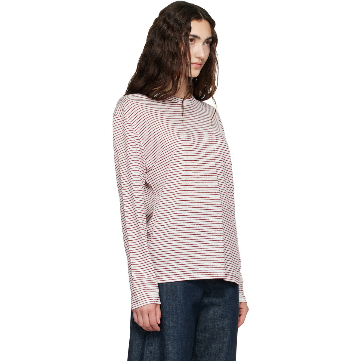 Wales Bonner Off-White & Burgundy Linen Stripe Jersey Hour T-shirt