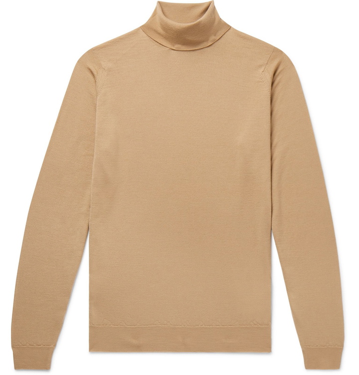 Photo: John Smedley - Cherwell Merino Wool Rollneck Sweater - Brown