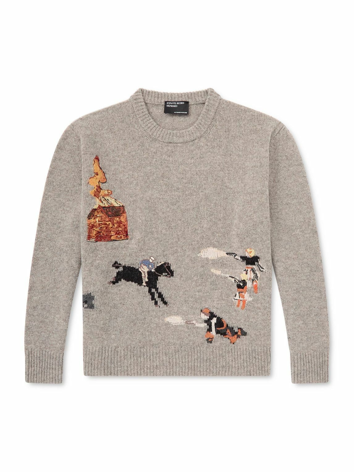 Enfants Riches Déprimés - Come Live With Me Embroidered Intarsia Wool Sweater - Gray
