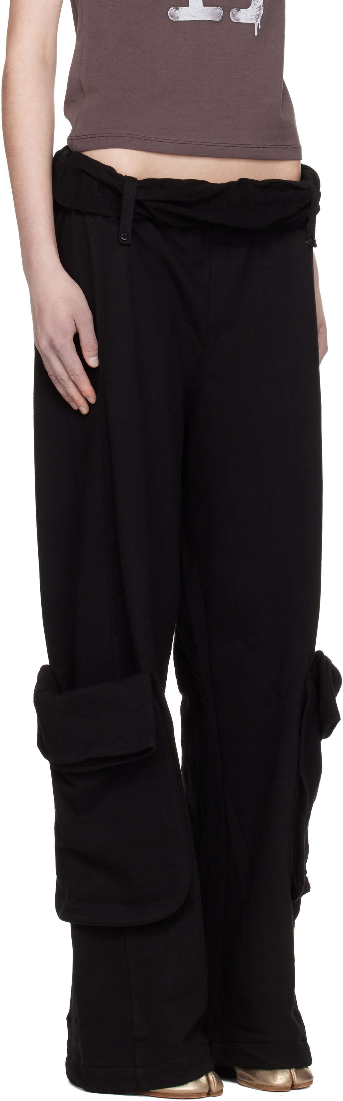 OPEN YY Black Rolled Waist Sweat Cargo Pants