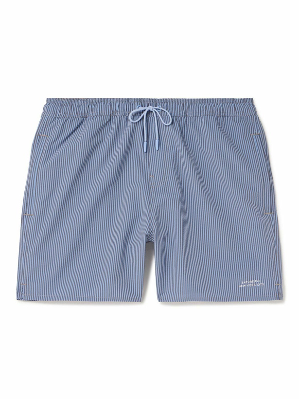 Photo: Saturdays NYC - Timothy Straight-Leg Mid-Length Striped Seersucker Swim Shorts - Blue