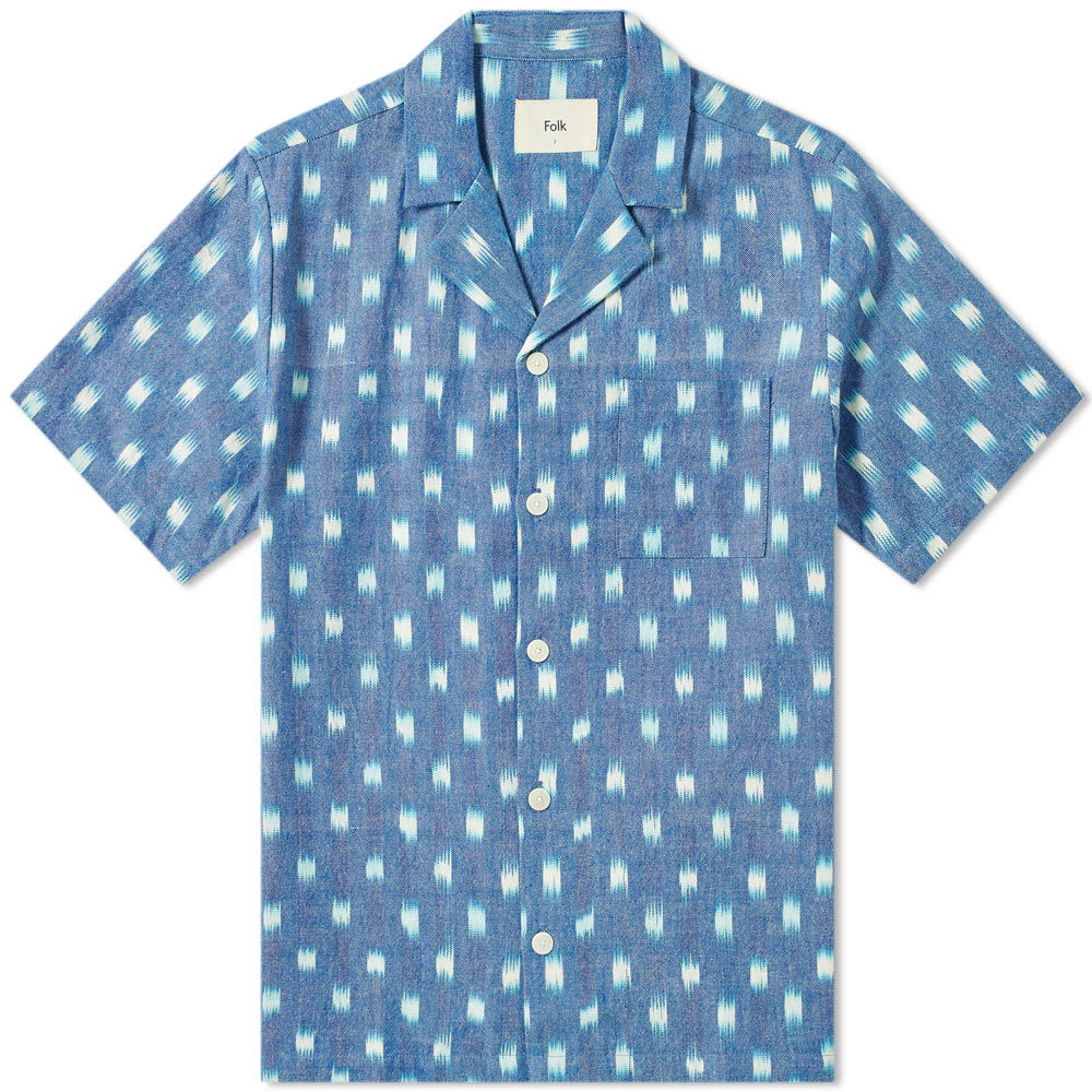 Folk Short Sleeve Soft Collar Vacation Shirt Blue Building Block