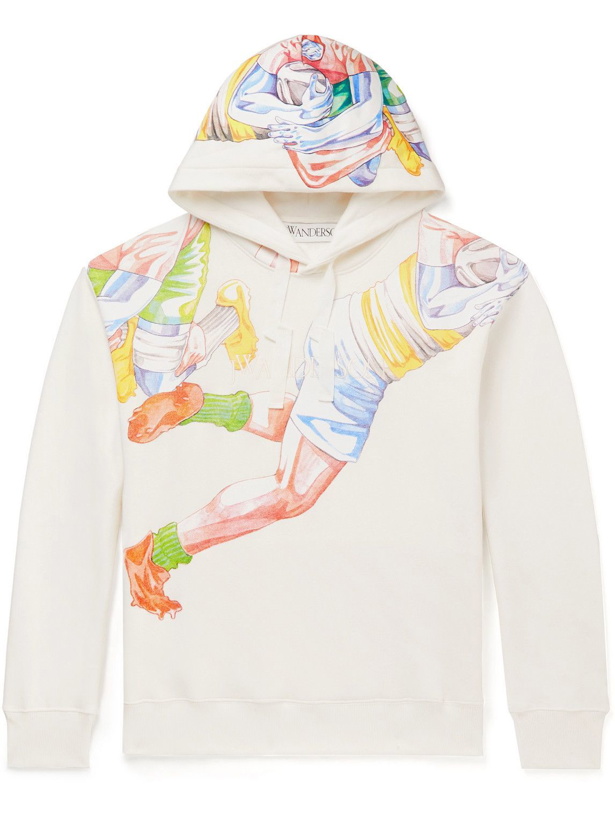 Photo: JW Anderson - Pol Anglada Logo-Embroidered Printed Cotton-Jersey Hoodie - White