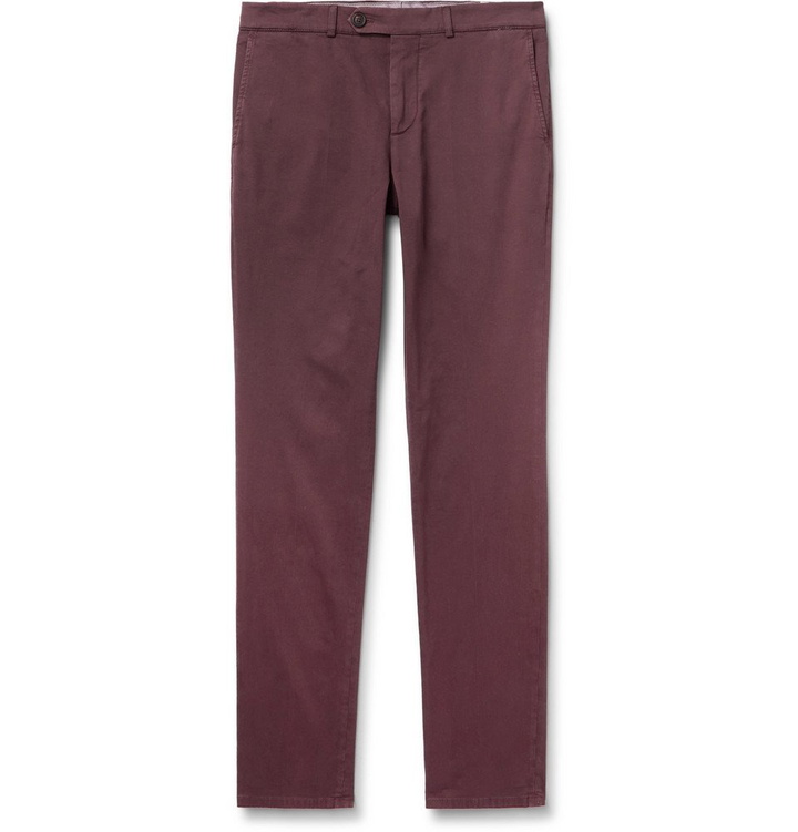 Photo: Brunello Cucinelli - Slim-Fit Cotton-Blend Twill Trousers - Burgundy