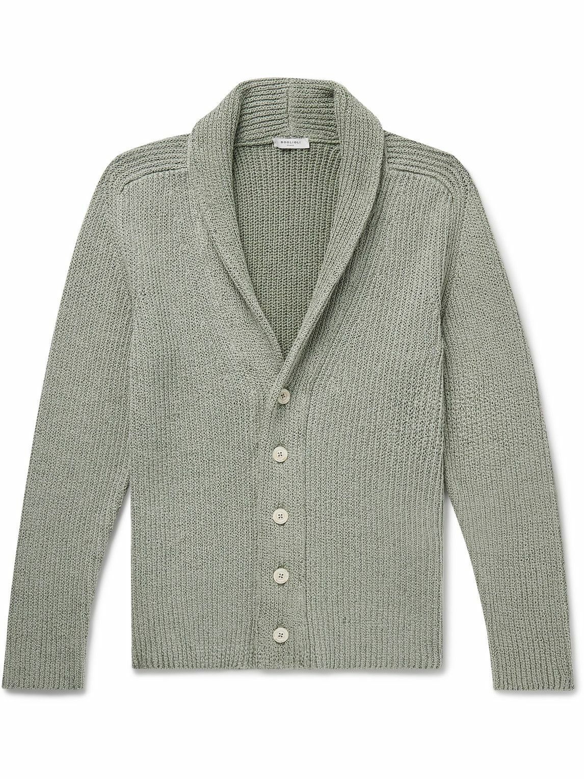 Boglioli - Shawl-Collar Garment-Dyed Ribbed Cotton Cardigan - Green