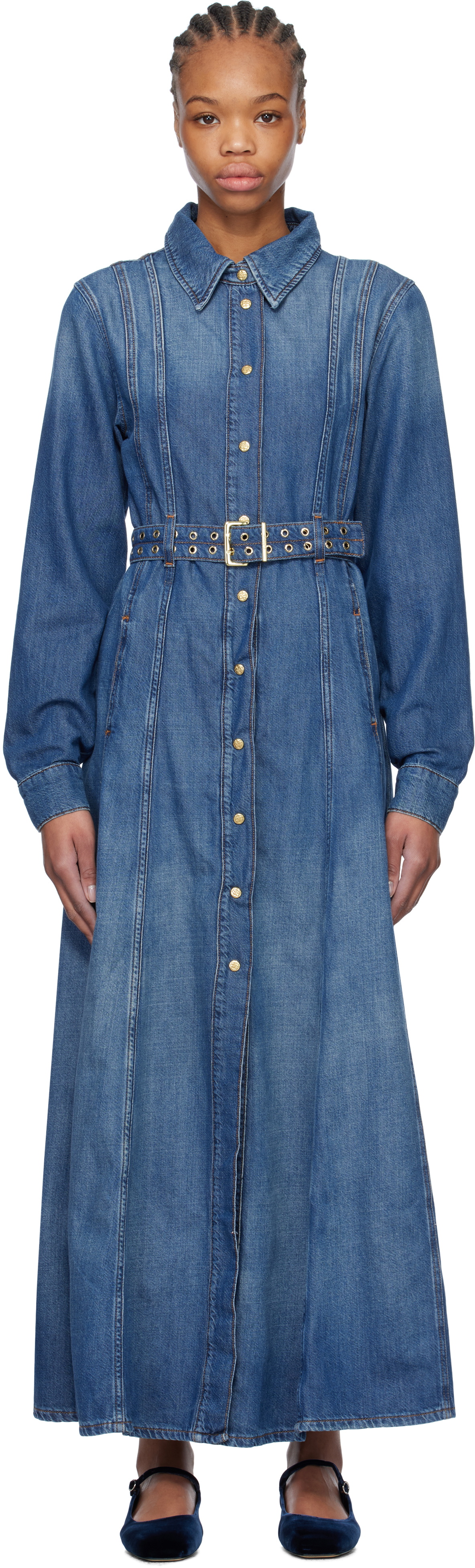 GANNI Blue Belted Denim Maxi Dress GANNI
