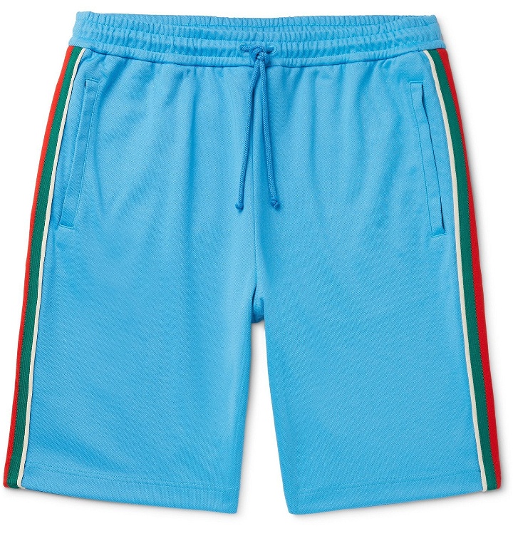 Photo: GUCCI - Wide-Leg Striped Webbing-Trimmed Tech-Jersey Drawstring Shorts - Blue