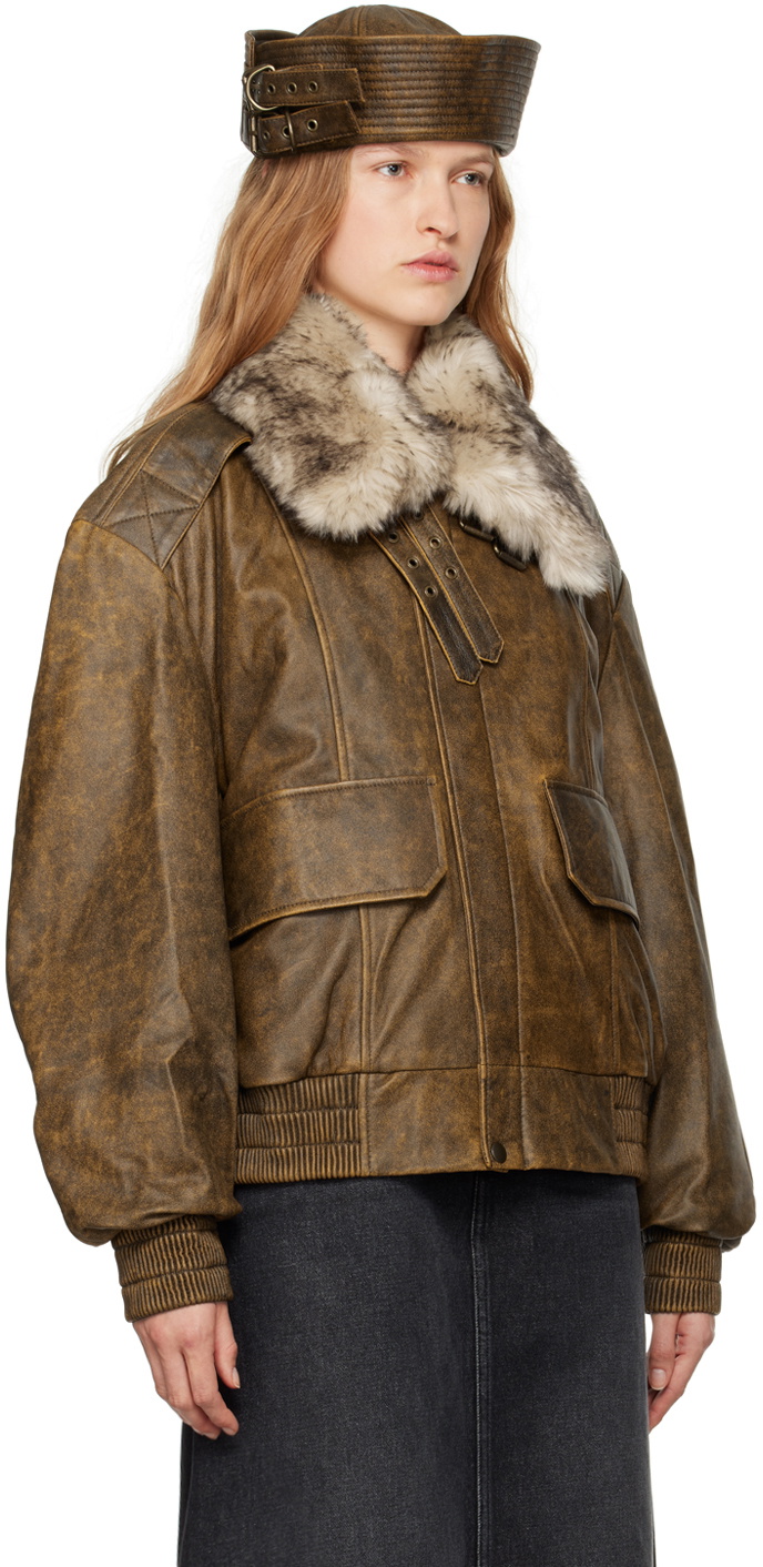 VAQUERA Brown Faded Leather Bomber Jacket