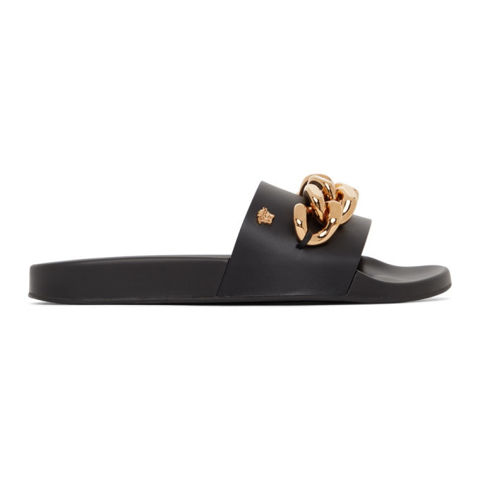 Photo: Versace Black Leather Medusa Chain Pool Slides