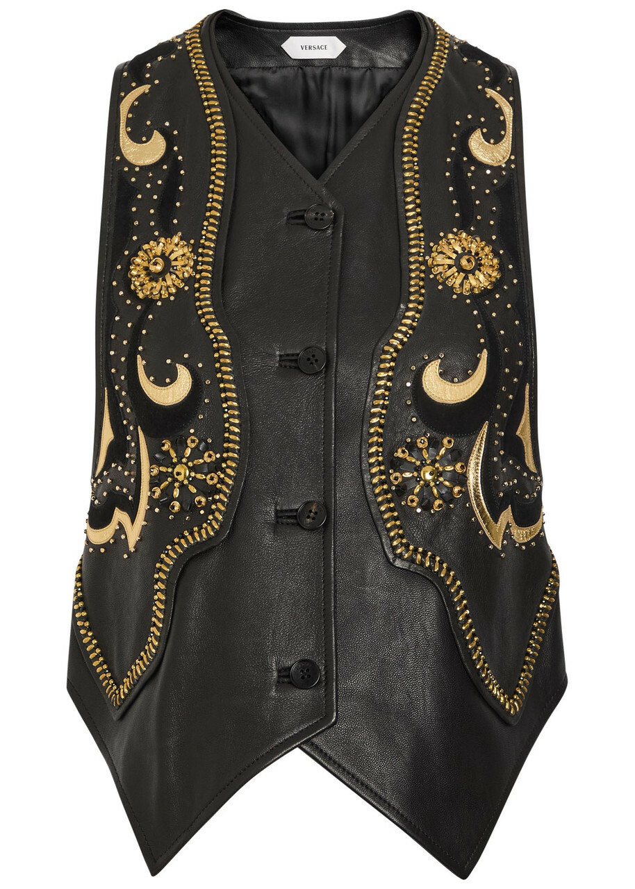 Versace Embellished Panelled Leather Vest Black