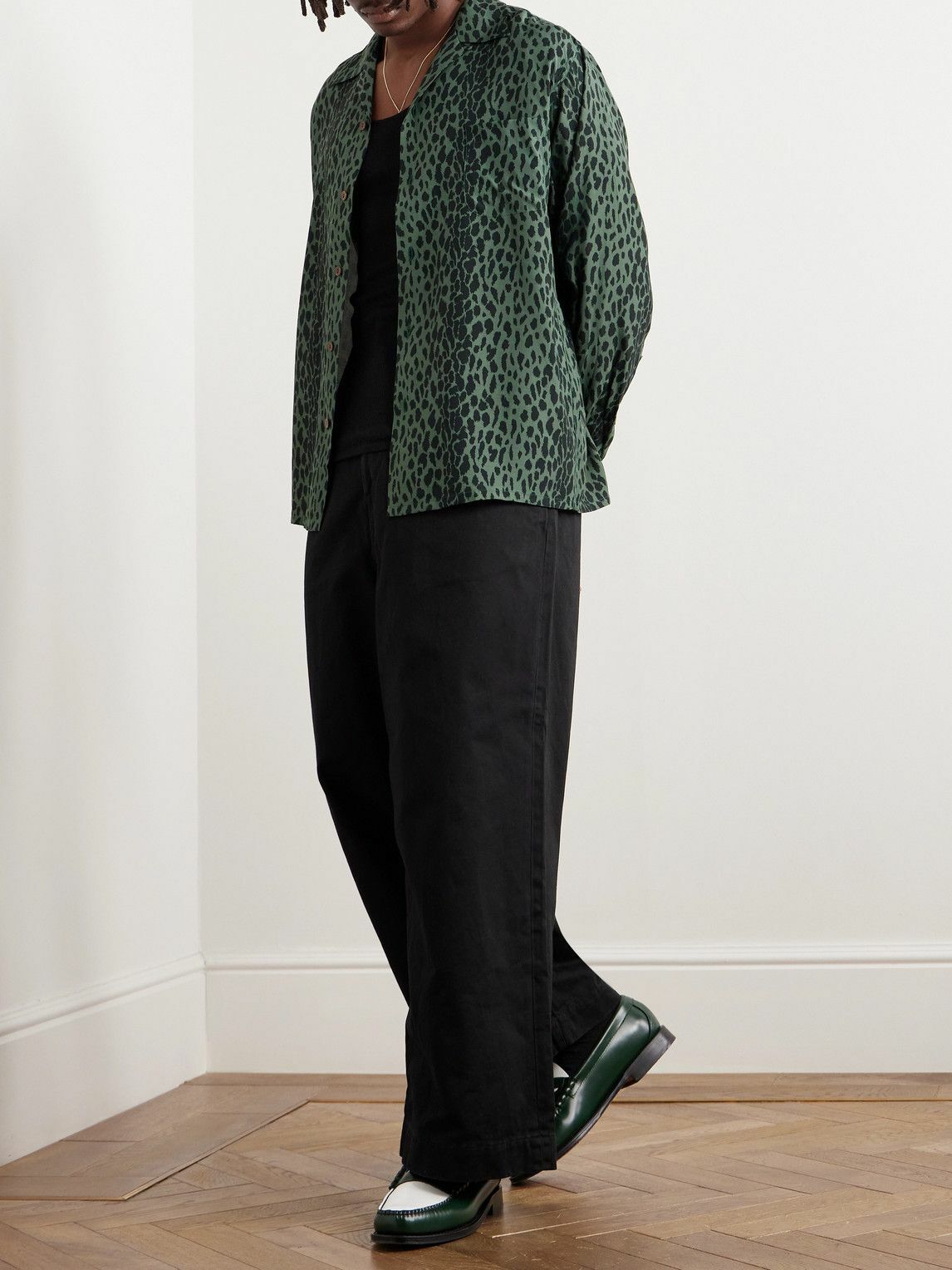 LEOPARD OPEN COLLAR SHIRT【GREEN 】 Wacko Maria - Tim Lehi Convertible-Collar Leopard-Print