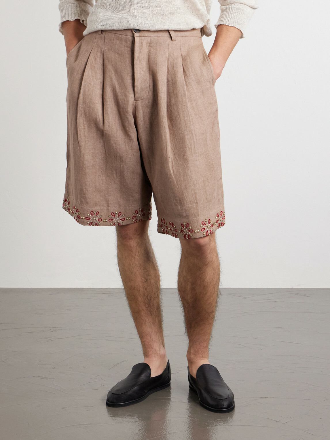 Kartik Research - Straight-Leg Embellished Pleated Shorts - Brown