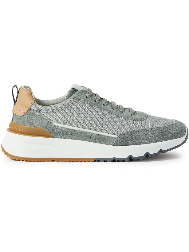 Photo: Brunello Cucinelli - Leather and Suede-Trimmed Mesh Sneakers - Gray