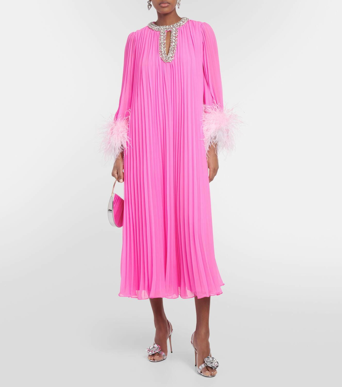 関税込【Self-portrait】Tiered feather-trimmed maxi dress Plissé feather-trimmed chiffon maxi dress in blue - Self