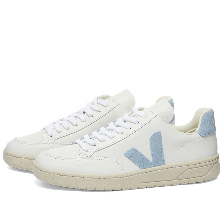 Photo: Veja Men's V-12 Leather Sneakers in White/Light Blue