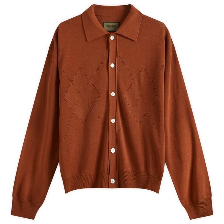 Photo: Uniform Bridge Men's Argyle Collar Cardigan in Brick