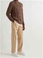 Kiton - Leather-Trimmed Cable-Knit Cotton and Linen-Blend Sweater - Brown