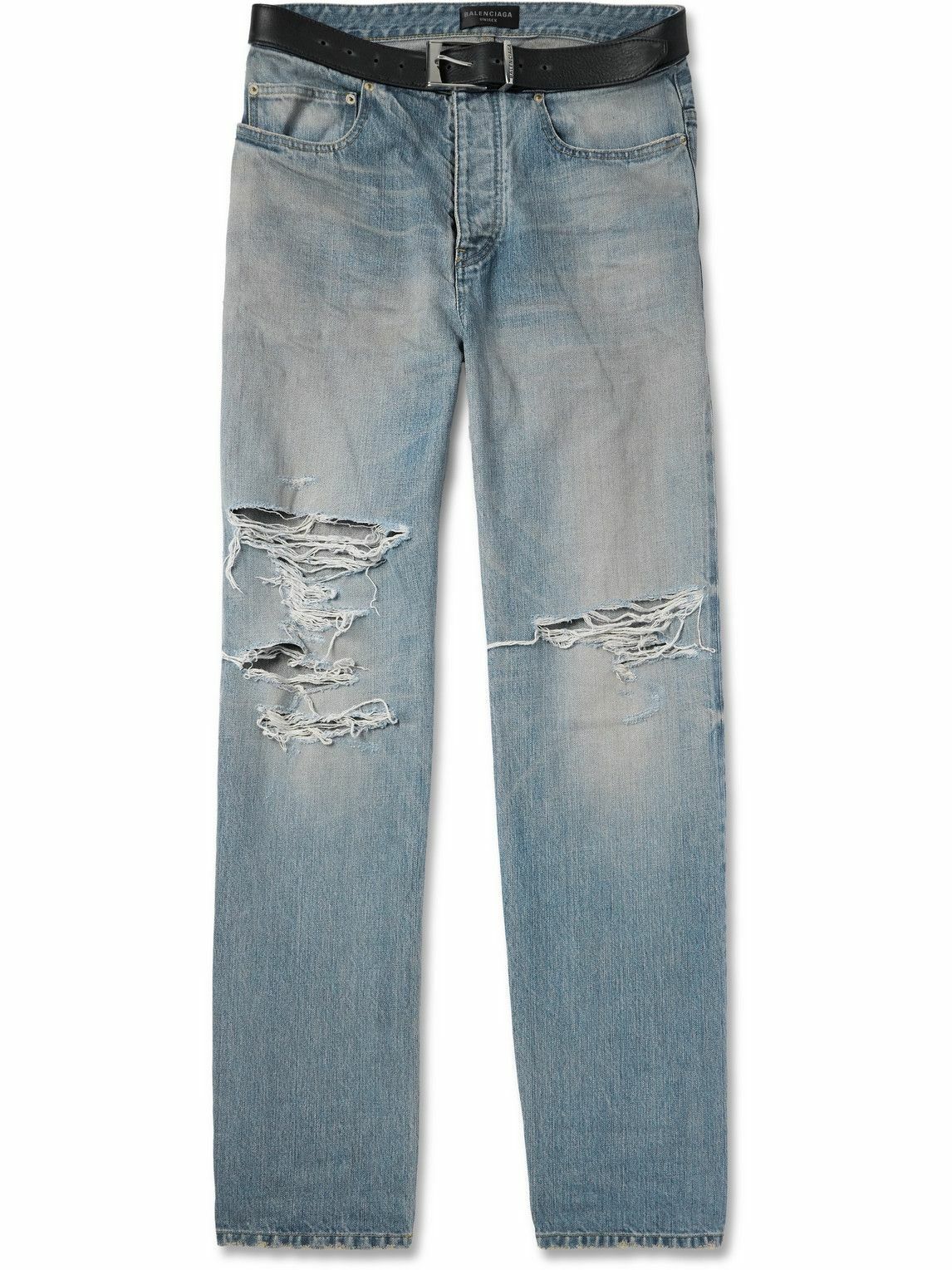 Balenciaga - Straight-Leg Belted Distressed Selvedge Jeans - Blue