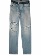 Balenciaga - Straight-Leg Belted Distressed Selvedge Jeans - Blue