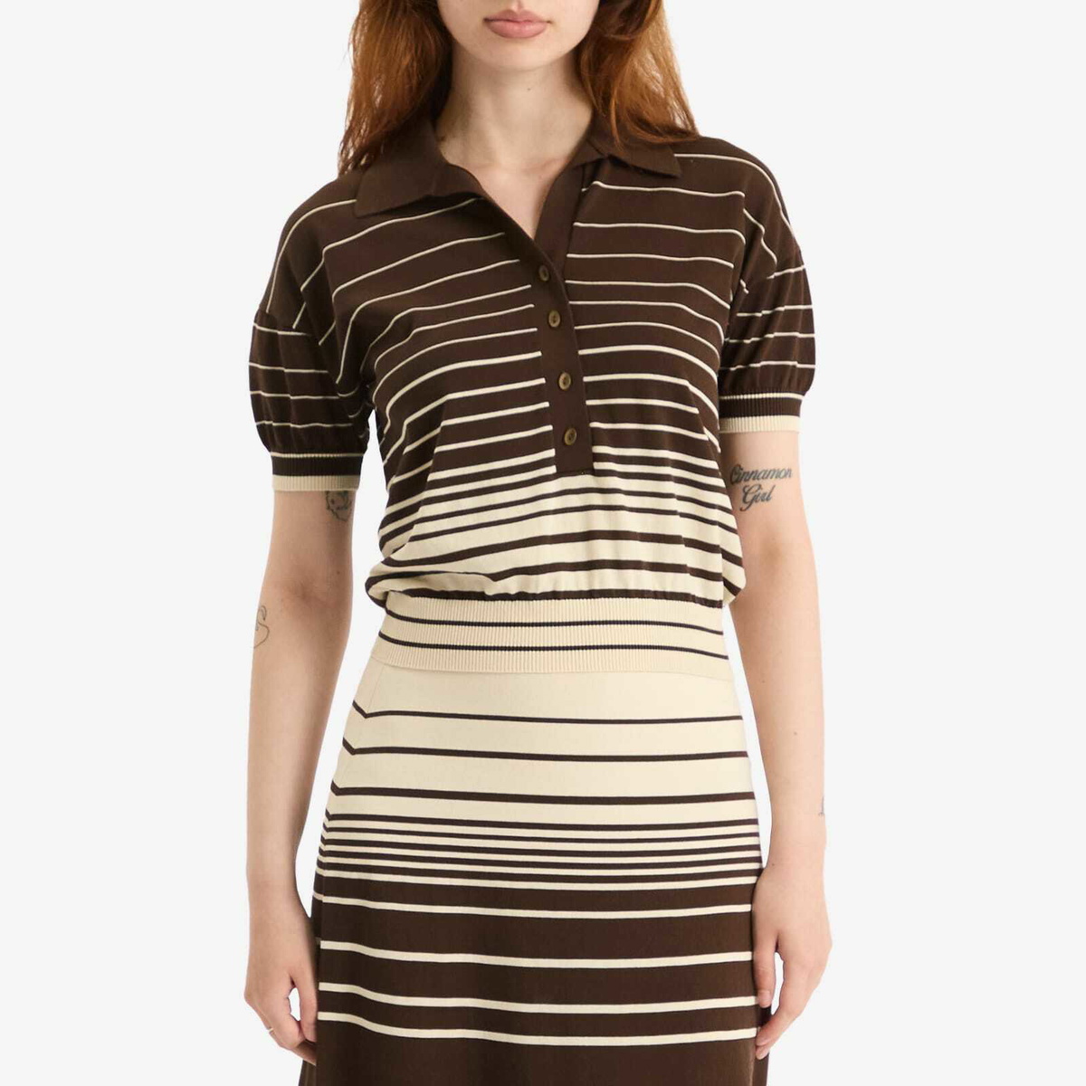 Faithfull The Brand Women's Sable Polo Shirt in Accordion Stripe Brown Beige