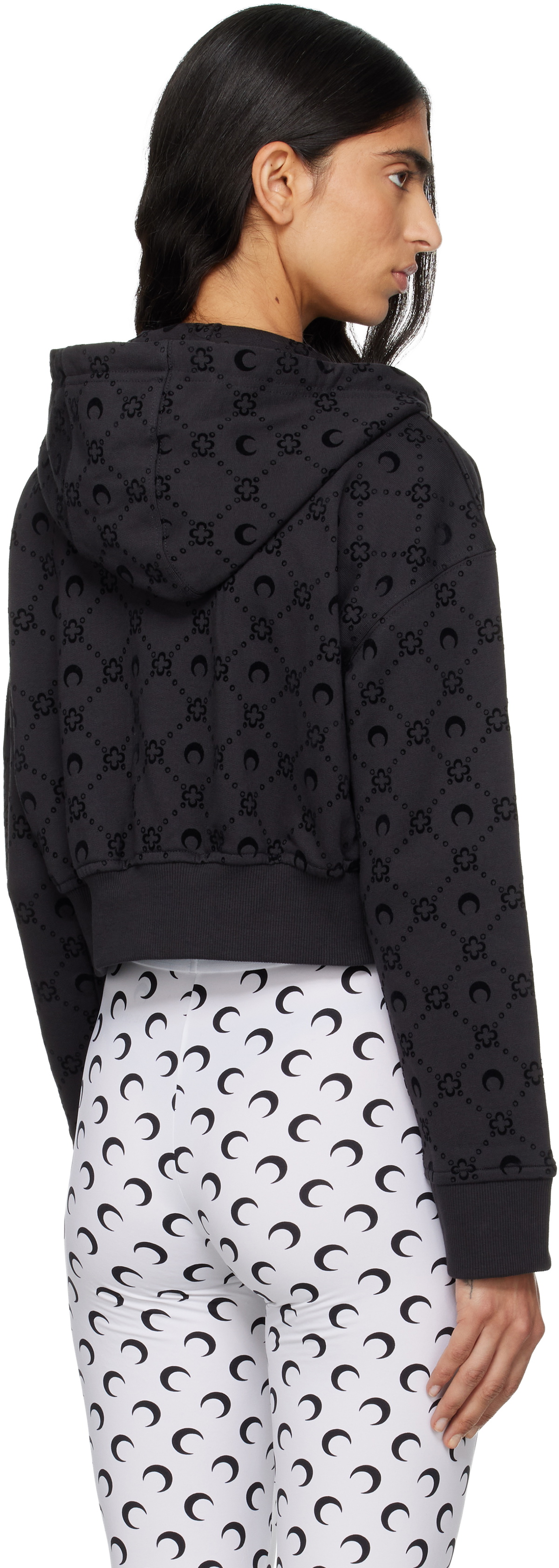 Marine Serre Black Moonogram Flocked Fleece Cropped Zipped Hoodie